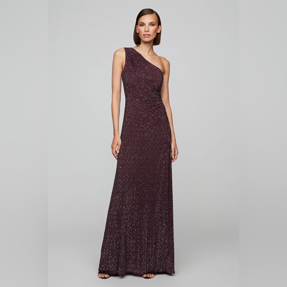 Halston Womens Rafelle Rhinestone Mesh Gown, Black Raspberry - Picture 2 of 5